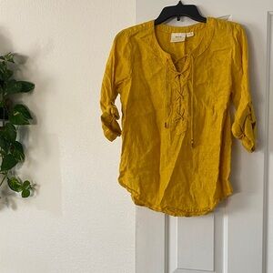 Anthropologie Yellow Lace-Up Blouse